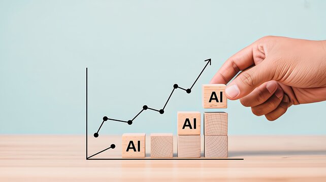 Artificial intelligence growth concept with wooden blocks and hand building success graph
