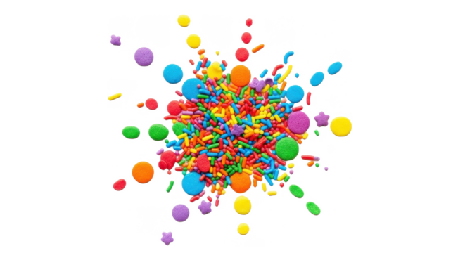 A vibrant explosion of colorful sprinkles and candy shapes against a white background.