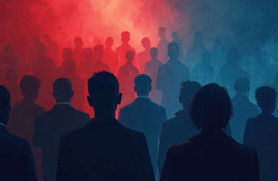 Silhouettes of crowds in contrasting red, blue colors symbolize political polarization, societal division. Illustration visually represents opposing political parties, ideologies in conceptual
