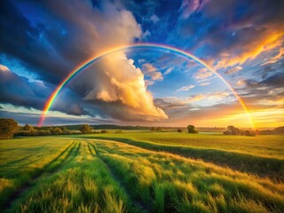 Fototapeta premium Low-light magic: vibrant sunset paints a tranquil countryside scene with rainbow tones over a green field.