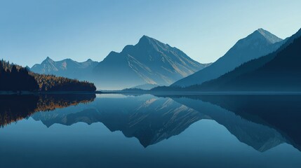 Serene mountain lake panorama at dawn