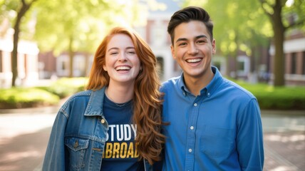 Two smiling students standing outdoors on a sunny day, one wearing a 'Study Abroad' shirt
