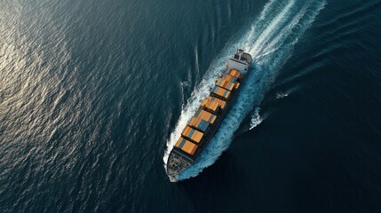 An aerial view of a modern cargo ship highlighting its twinscrew setup with the props creating a distinct wake behind it symbolizing power and efficiency in maritime transport.