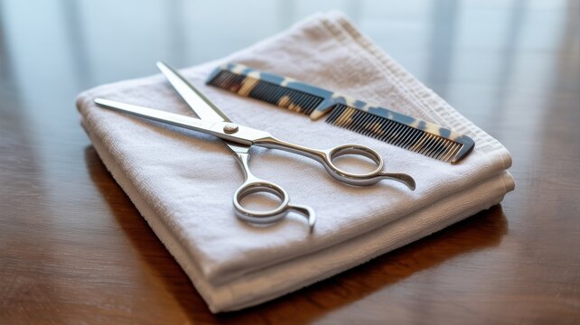 Stainless steel scissors and a patterned comb rest elegantly on a neatly folded white towel atop a wooden surface.