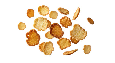 Golden-brown cereal flakes scattered against a stark white background.