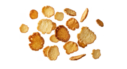 Golden-brown cereal flakes scattered against a stark white background.