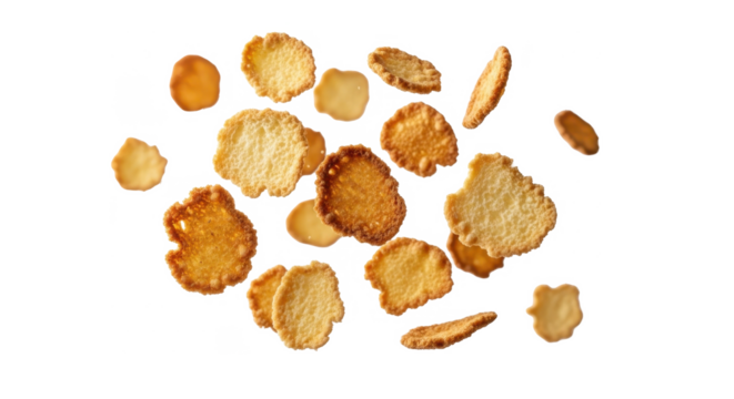 Golden-brown cereal flakes scattered against a stark white background.