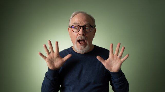 Surprised older man with glasses and raised hands against a green background