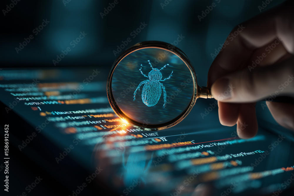 Poster bug hunt: a detective hand, scrutinizing lines of code with a magnifying glass, uncovers a digital b