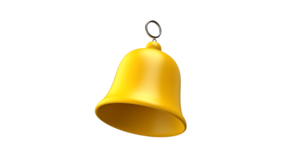 A single yellow bell hanging from a silver ring against a black background in a studio shot