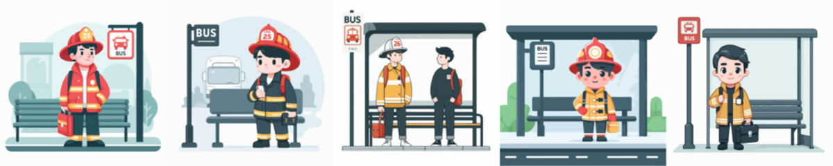 firefighter character vector waiting at bus stop