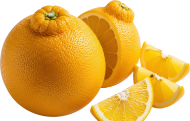 Whole and sliced sumo citrus fruit a vibrant orange fresh ripe with a textured peel transparent background