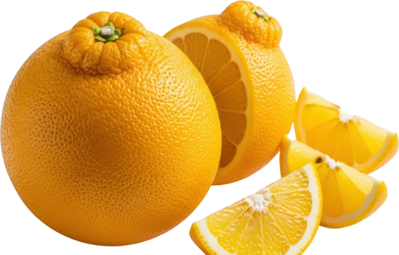 Whole and sliced sumo citrus fruit a vibrant orange fresh ripe with a textured peel transparent background