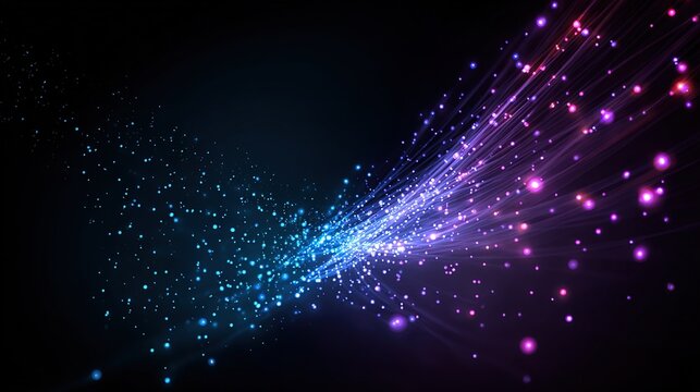 Abstract streams of blue/pink light points diverging against a black background