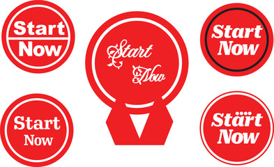 Minimal red start now speech pointer circle badge vector for digital advertising promotion