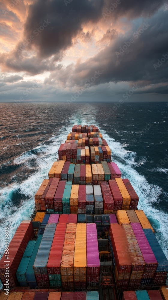 Poster a panoramic shot of a massive cargo ship loaded with colorful containers illustrating the logistics 