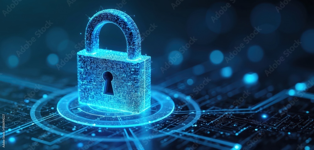 Poster glowing blue digital padlock symbolizes cyber technology security and network protection. abstract b