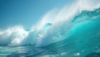 Fototapeta premium Pure turquoise blue ocean water with foamy waves crashing. Texture, movement of sea captured in close-up. Dynamic refreshing liquid with clear water, marine life feel. Tropical paradise, summer beach