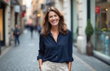Mature happy woman with brown hair smiles in city street wearing navy blue shirt, beige pants. Casual attire, urban lifestyle. She looks confident, joyful, embracing modern, elegant look outdoors.