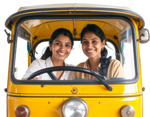 Close-up Front View of Two Women Enjoying Rickshaw Ride – Transparent Background