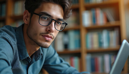 Young man with glasses studies in library using laptop. Online education, remote learning, self-paced courses for students and professionals. Focus on digital skill development and career advancement.