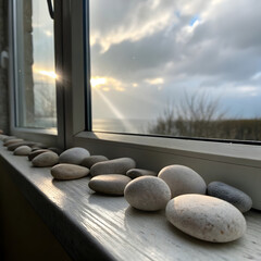 Serene still life showcases smooth river stones resting on a windowsill overlooking a distant sea horizon illuminated by the soft glow of a setting sun, evoking tranquility and reflection.