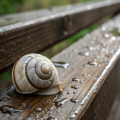A snail glides slowly across a wet wooden park bench after a gentle rain shower, showcasing nature's pace with droplets clinging to the weathered surface, creating a tranquil outdoor scene.