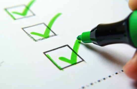 Green marker fills in checklist boxes with checkmarks. Focus on task completion and approval. Represents successful task management, decision making, and positive survey results.