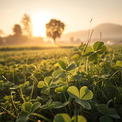Dew kissed four leaf clovers glisten in the gentle morning sunlight, casting a magical, hopeful aura across a lush green field at daybreak with a distant mountain and tree.