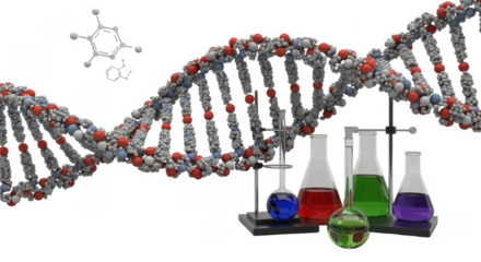 DNA double helix model with chemical structure and laboratory glassware.