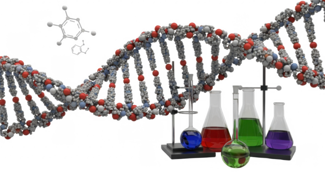 DNA double helix model with chemical structure and laboratory glassware.