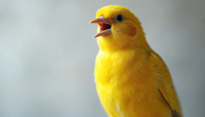 Bright yellow canary bird, close-up on head, singing with open beak. Avian subject with detailed feathers, captured indoors against soft, blurred background. Intimate animal portrait captures of