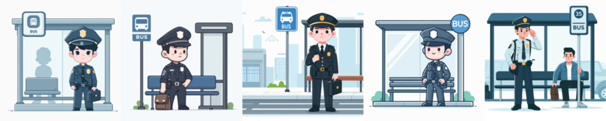 police character vector waiting at bus stop