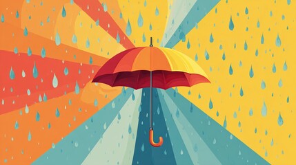 Colorful umbrella protects from rain in abstract burst background, flat, cartoon style