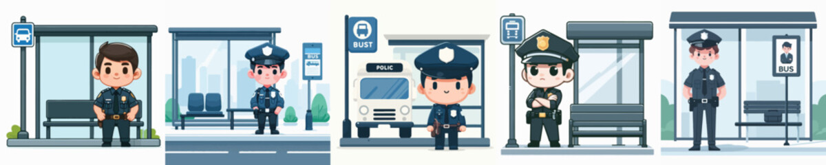 police character vector waiting at bus stop