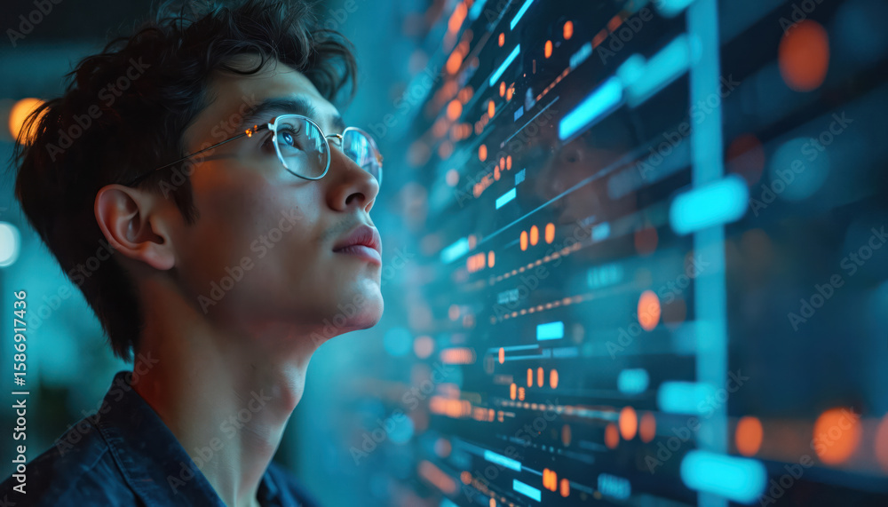 Poster young man with glasses analyzes glowing digital interface with abstract data points. represents tech