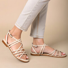 A fashionable closeup showcases the feet of a woman wearing stylish strappy beige sandals and casual jeans, ideal for summer fashion editorial or product advertising.