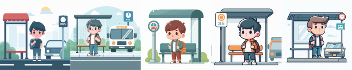 vector character of a boy waiting at a bus stop
