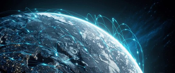 Abstract digital planet Earth with blue glowing lines on a dark background, a global network and connectivity concept, a futuristic technology wallpaper banner design Generative AI