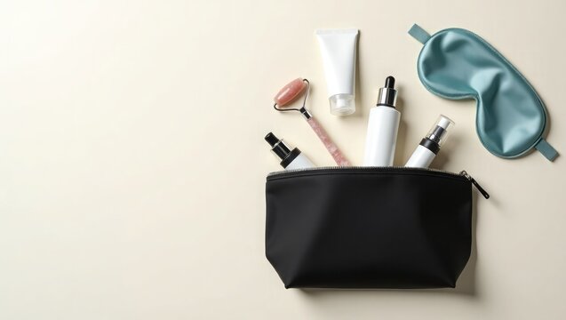 Overhead view of a black makeup bag filled with beauty products including a jade roller serum bottles and a white cream tube alongside a satin sleep mask