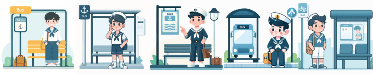 sailor character vector waiting at the bus stop