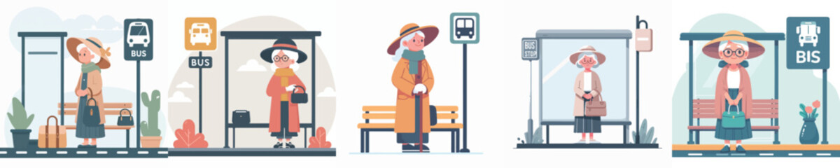 vector of grandmother waiting at the bus stop