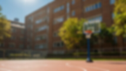 blurry school yard, with a yard full of trees and sunny weather, blurry school yard background