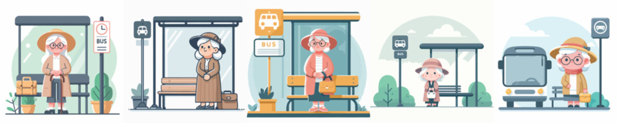 vector of grandmother waiting at the bus stop