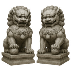Symmetrical pair of intricately sculpted grey stone Chinese guardian lion statues Foo Dogs seated on ornate pedestals