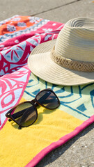 A bright beach scene shows sunglasses, a straw hat and a colorful towel, evoking a sense of summer vacation and relaxation for travel, leisure, and tropical getaway themes.