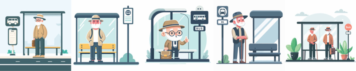 vector of grandfather waiting at the bus stop
