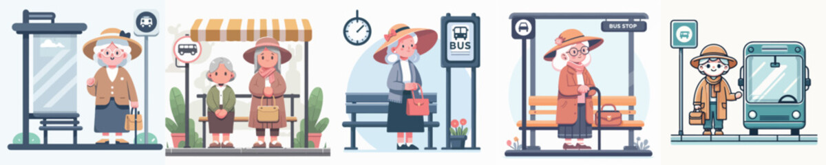 vector of grandmother waiting at the bus stop
