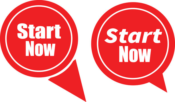Modern red start now button bubble label vector design for website pop-up or CTA elements