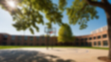 blurry school yard, with a yard full of trees and sunny weather, blurry school yard background